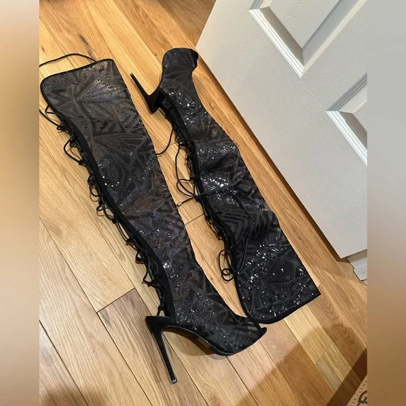 Shoes Super Model Thigh High Black Sequin Sheer Lace Up Back Stiletto Boots New Poshmark